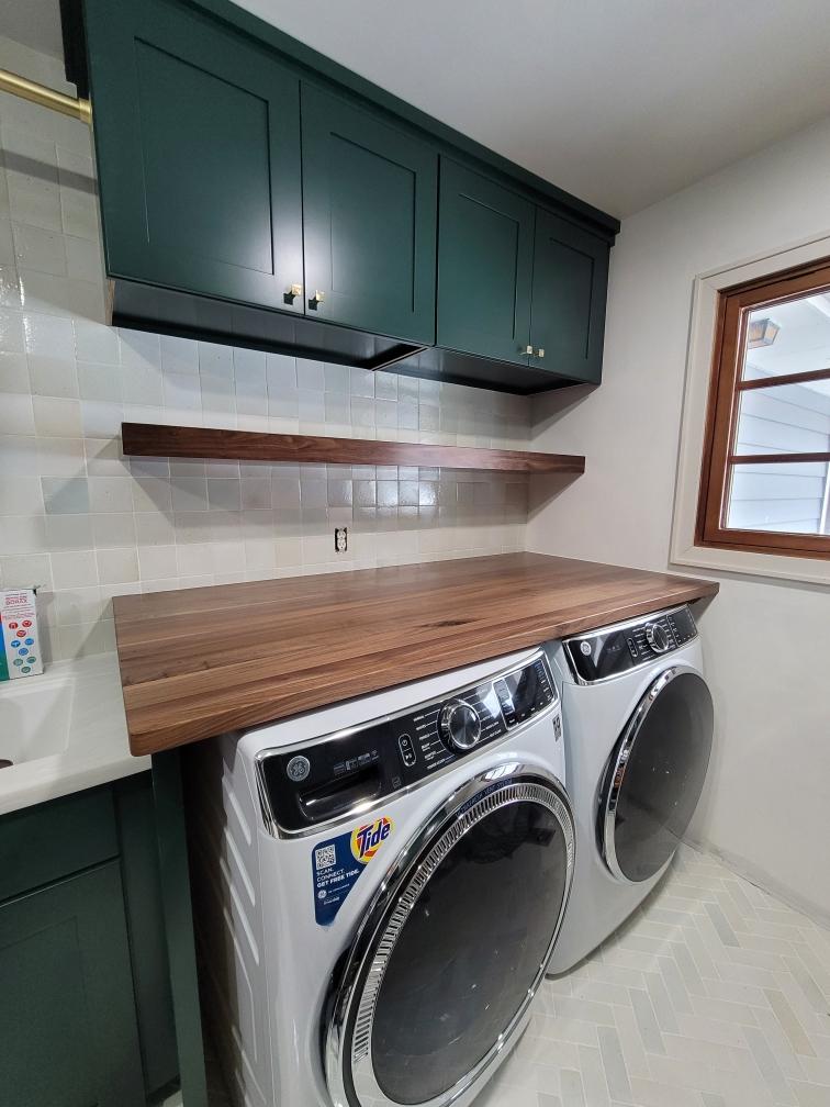 Laundry Room Cabinets & Floating Shelf - Walnut